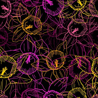 Renkli nergislerin kusursuz deseni. Bahar çiçeklerinin şık duvar kağıtları. Narin bahar nergisleriyle dolu tebrik kartı..