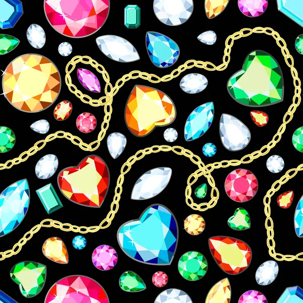 Patrón Sin Costuras Diamantes Multicolores Sobre Fondo Negro Patrón Con — Vector de stock