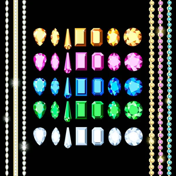 Ensemble Diamants Différentes Couleurs Différentes Tailles Ensemble Chaînes Avec Diamants — Image vectorielle