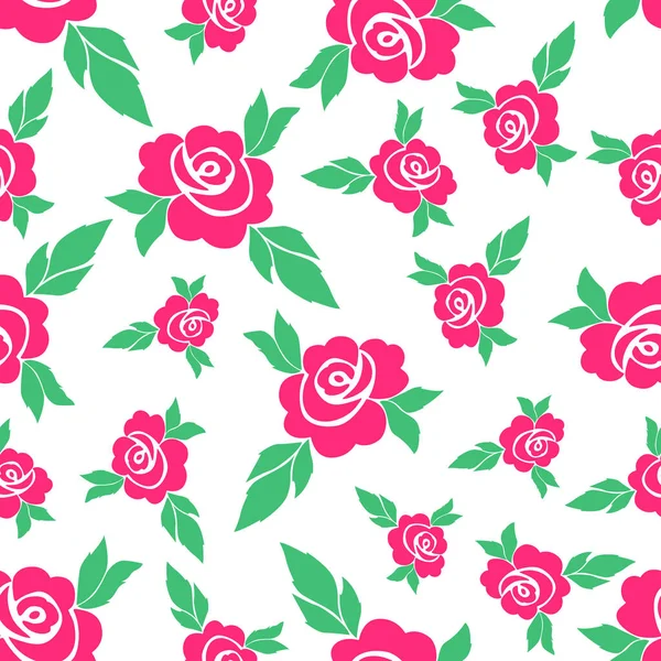 Patrón Sin Costuras Con Rosas Brillantes Hojas Sobre Fondo Blanco — Vector de stock