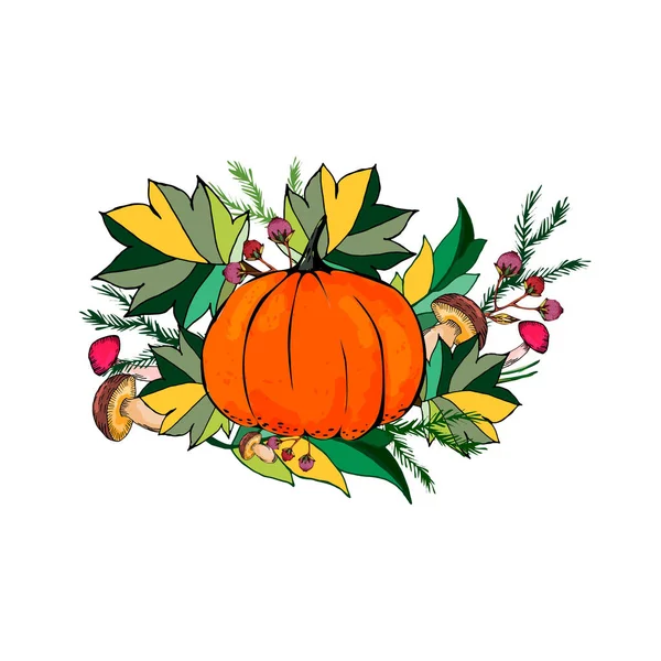 Greeting Card Pumpkin Mushrooms Berries Leaves Set Autumn Vegetables Autumn — Stock Vector