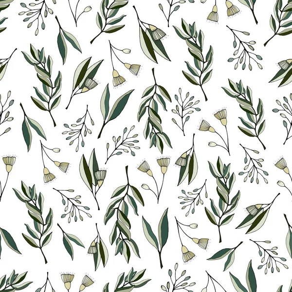Okaliptüs yaprakları ve çiçeklerle kusursuz desen. Okaliptüs dalı botanik illüstrasyon çizdi. Beyaz arka planda okaliptüs yaprakları ve çiçekler. Yapraklar, dallar ve okaliptüs çiçekleri..