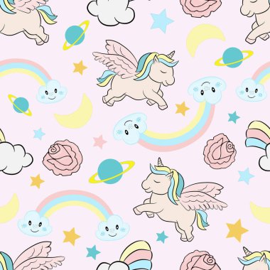 Şirin tek boynuzlu atlar ve sihirli nesnelerle kusursuz desen. Parlak gökkuşakları, çiçekler ve yıldızlarla dolu renkli bir arkaplan