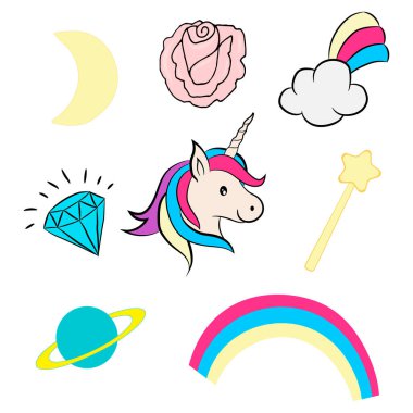 Çizgi film tarzında sihirli şirin tek boynuzlu at. Çiçekli ve sihirli eşyalı şirin tek boynuzlu at koleksiyonu. Tek boynuzlu at, gökkuşağı ve yıldızlı sevimli sihirli bir zemin..