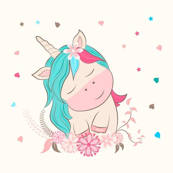 Çizgi film tarzında sihirli şirin tek boynuzlu at. Çiçekli ve sihirli eşyalı şirin tek boynuzlu at koleksiyonu. Tek boynuzlu at, gökkuşağı ve yıldızlı sevimli sihirli bir zemin..