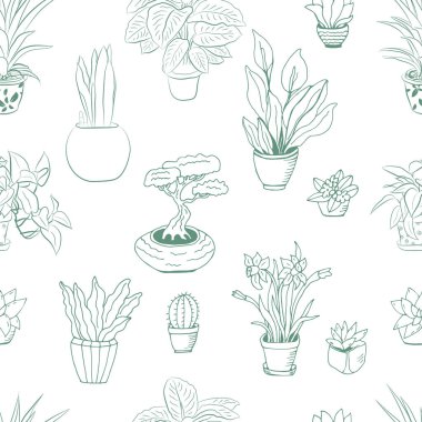 Kusursuz desenli, saksılara el çizimi ev bitkileri. Kaktüs, dracena, aloe ve diğer bahçe aletleri de dahil olmak üzere el yapımı ev bitkilerinden oluşan büyük bir set. Karalama bitkilerinin vektör koleksiyonu.