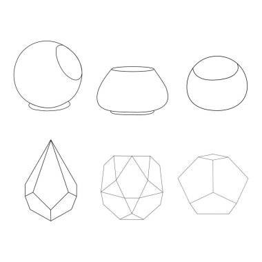 Geometrik floraryum seti. Geometrik teraryumlar bitkiler, sulandırıcılar ve kaktüslerle dolu. İskandinav tarzı ev dekorasyonu. Cam kristal floraryumlar beyaz arkaplanda izole.