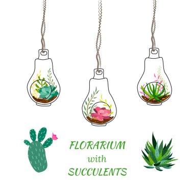 Geometrik floraryum seti. Geometrik teraryumlar bitkiler, sulandırıcılar ve kaktüslerle dolu. İskandinav tarzı ev dekorasyonu. Cam kristal floraryumlar beyaz arkaplanda izole.