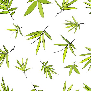 Bambu yaprakları ve dallarla kusursuz bir arka plan. Bambu ağacı yaprakları. El yapımı botanik koleksiyonu. Bambu parçalarının, dalların ve yaprakların yeşil arka planda çizimi. 