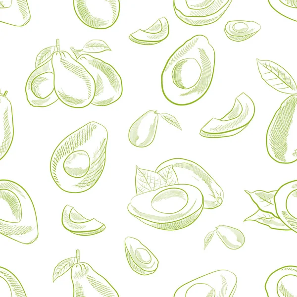 Avokado meyveleri elle çizilmiş gibi kusursuz bir desen. Avokado çizimi, dilimlenmiş ve yapraklar. Avokadonun botanik çizimi. Sulu tropik meyveler. Etiketler, posterler, baskılar için harika..