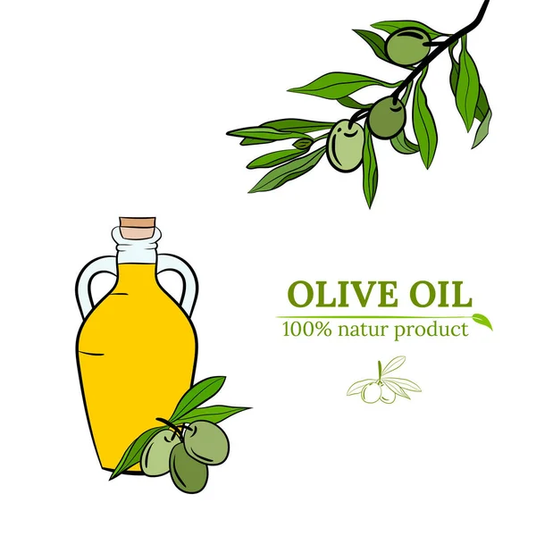 Olivové Ovoce Větve Strom Láhev Olivového Oleje Náčrtky Set Soubor — Stockový vektor