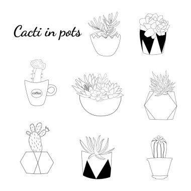 Set of hand drawn cacti and succulents.Collection of plants in pots. Spiny desert plants, cactus flowers and tropical plants. Vector collection of doodle plants.