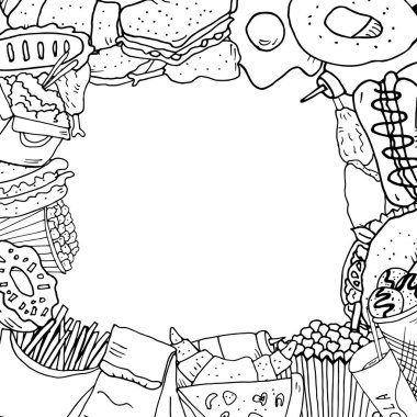 Fast food ile el çizimi. Çizim tarzında vektör illüstrasyonu. Fast food restoranı ve fast food menüsü.