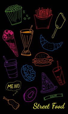 Fast food ile el çizimi. Çizim tarzında vektör illüstrasyonu. Fast food restoranı ve fast food menüsü.