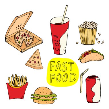 Fast food ile el çizimi. Çizim tarzında vektör illüstrasyonu. Fast food restoranı ve fast food menüsü.