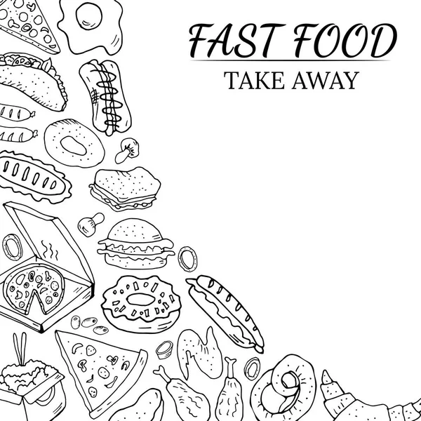 Χειροποίητο Σετ Fast Food Εικονογράφηση Διάνυσμα Στο Στυλ Ενός Σκίτσο — Διανυσματικό Αρχείο