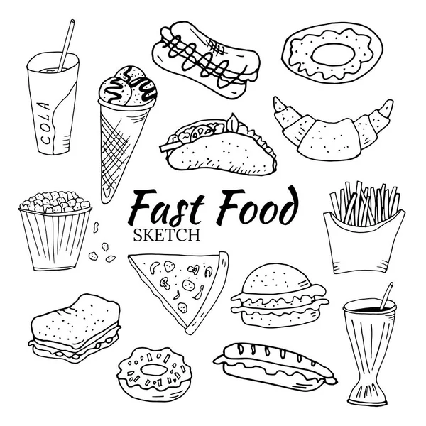 Χειροποίητο Σετ Fast Food Εικονογράφηση Διάνυσμα Στο Στυλ Ενός Σκίτσο — Διανυσματικό Αρχείο