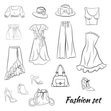 El yapımı moda kadın kıyafetleri ve aksesuarları. Kıyafet, şapka, çanta ve ayakkabı seti. İnternetten el çizimi moda alışverişi. Moda çizimleri. Sıradan bir tarz. Kıyafet çizimleri.
