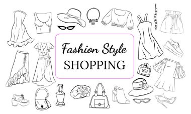 El yapımı moda kadın kıyafetleri ve aksesuarları. Kıyafet, şapka, çanta ve ayakkabı seti. İnternetten el çizimi moda alışverişi. Moda çizimleri. Sıradan bir tarz. Kıyafet çizimleri.