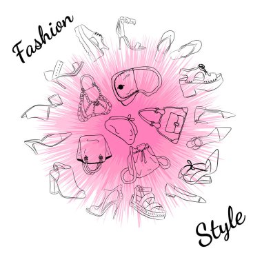 El yapımı moda kadın aksesuarları. Moda çizimleri, çantalar ve ayakkabılar. İnternetten el çizimi moda alışverişi. Moda çizimleri. Sıradan bir tarz. Kıyafet çizimleri.