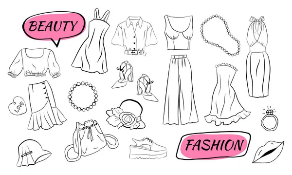 Ручной Набор Модной Женской Одежды Аксессуаров Набор Модных Каракулей Одежды — стоковый вектор