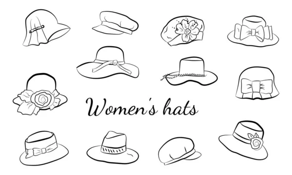 Conjunto Dibujado Mano Sombreros Mujer Moda Bocetos Sombreros Sammer Conjunto — Vector de stock