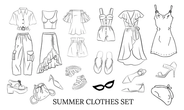 El yapımı moda kadın kıyafetleri ve aksesuarları. Kıyafet, şapka, çanta ve ayakkabı seti. İnternetten el çizimi moda alışverişi. Moda çizimleri. Sıradan bir tarz. Kıyafet çizimleri.