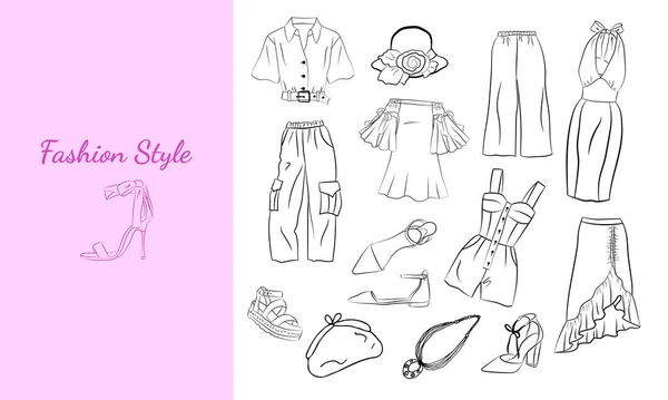 Handritade Uppsättning Mode Kvinnors Kläder Och Accessoarer Uppsättning Mode Doodles — Stock vektor