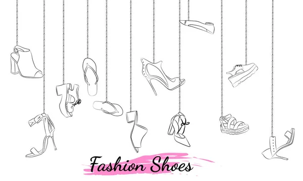 手工绘制的一套时尚女鞋 一套手绘在线时尚购物 时装素描 随意的风格 夏鞋的素描 — 图库矢量图片