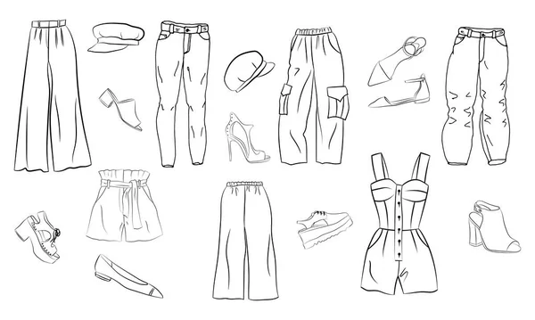 Conjunto Desenhado Mão Roupas Acessórios Femininos Moda Conjunto Moda Doodles — Vetor de Stock