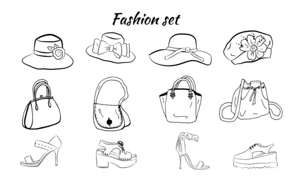 Ensemble Dessiné Main Chapeaux Accessoires Mode Pour Femmes Ensemble Griffes — Image vectorielle