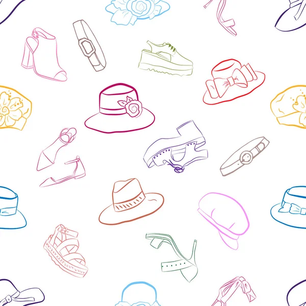 Patrón Sin Costuras Con Sombreros Zapatos Mujer Conjunto Garabatos Moda — Vector de stock