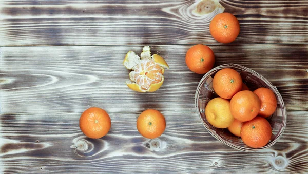 Ripe Mandarine Basket Wooden Table Background Top View Copy Space — Stock Photo, Image