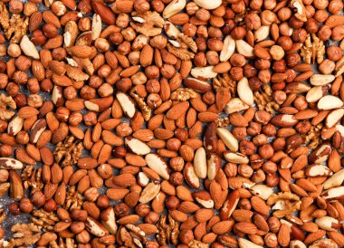 Ceviz, badem, Brezilya fındığı, fındıklar koyu bir arka planda karıştırılmış. Üst manzara, düz uzanma