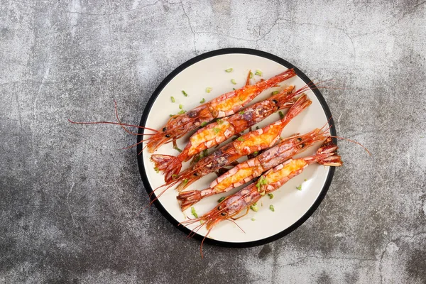 Oven Baked Argentinian Red Prawns Stuffed Cheese Plate Dark Gray — Stock Photo, Image