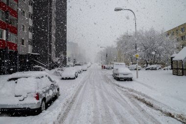 Bratislava Slovakya, büyük kar pul kar felaket. 30 Ocak 2015