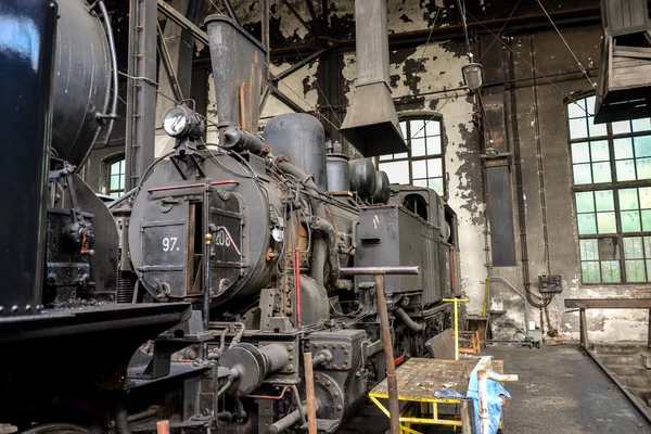 Vintage Austrian steam locomotive wait for restoration in Wien museum  depot — Stock Photo, Image