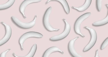 Pastel pembe arka planda beyaz tropikal muz deseni. Yaratıcı asgari sanat konsepti. Vektör çizimi. Düz yatıyordu.