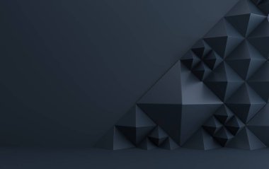 Üçgen geometrik şekilli arkaplan, altın aksanlı koyu gölgeli piramitler, üç boyutlu şekil