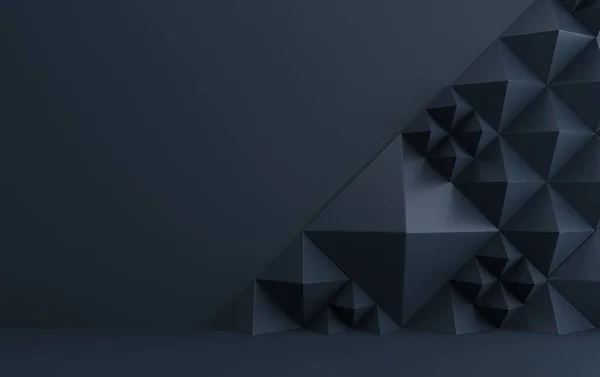 Background with triangular geometric shapes, pyramids in dark shades with gold accents, 3d render