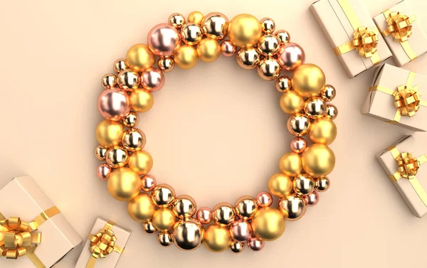 Weihnachtsszene Mit Geschenken Und Glänzenden Glaskugeln Goldtönen — Stockfoto