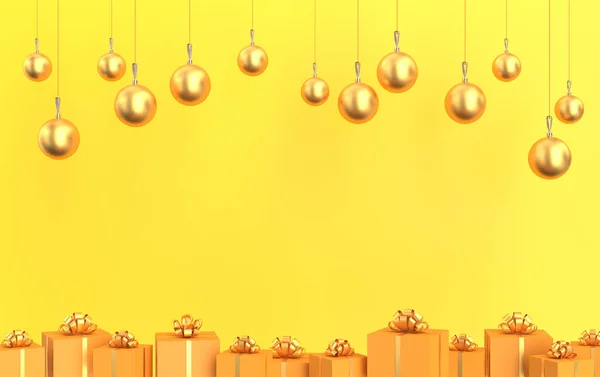 Christmas Scene Gifts Shiny Glass Balls Gold Tones — Stock Photo, Image