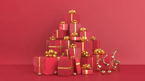 Christmas background with gifts in red boxes on a red wall background