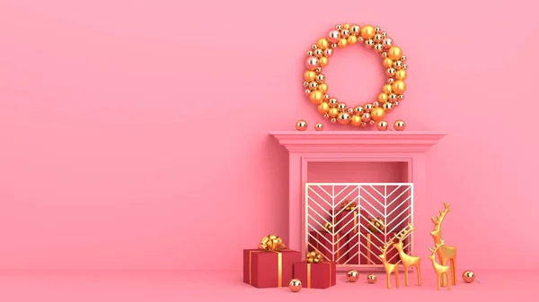 Escena Navidad Chimenea Con Regalos Fondo Pared Rosa —  Fotos de Stock