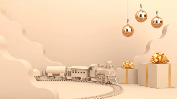 Christmas Background Toy Train Gifts Beige Colors — Stock Photo, Image