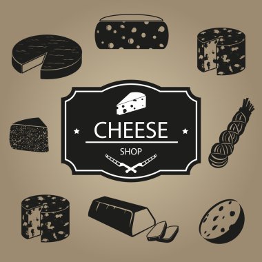 Cheese shop. Black and white vector icons