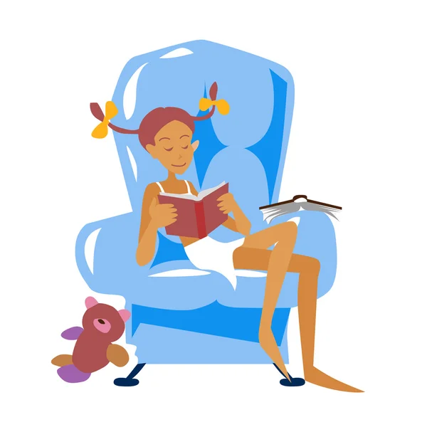 Кресло и девушка с книгой в плоском стиле. Векторная иллюстрация — стоковый вектор