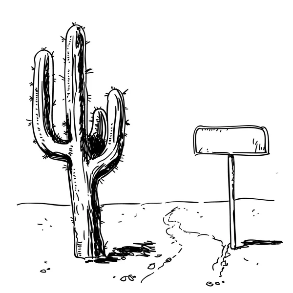 Cacto e sinal no deserto desenhado à mão. Ilustração vetorial — Vetor de Stock