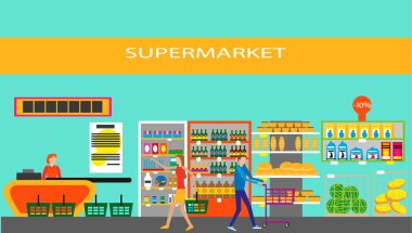 Düz stil süpermarkette. Vektör çizim