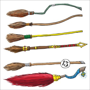 set of witch brooms for halloween. color vector illustration clipart